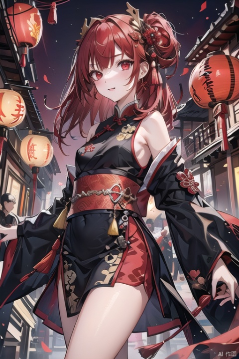 1girl,red background, a small number of red lanterns, Chinese elements with firecrackers around and fireworks in the background, goddess, colors
