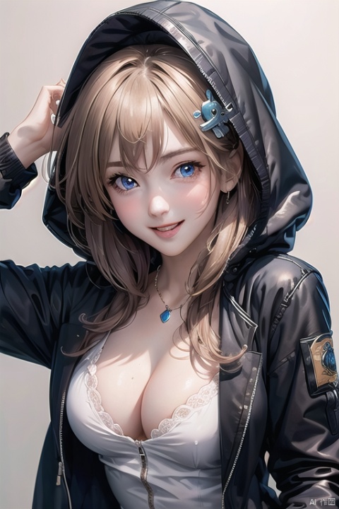 masterpiece,best quality, highly detailed, ***** neptune,1girl,blush,solo,looking at viewer,d-pad hair ornament,open mouth,smile,hooded jacket,medium breasts,cleavage,simple background,white background,