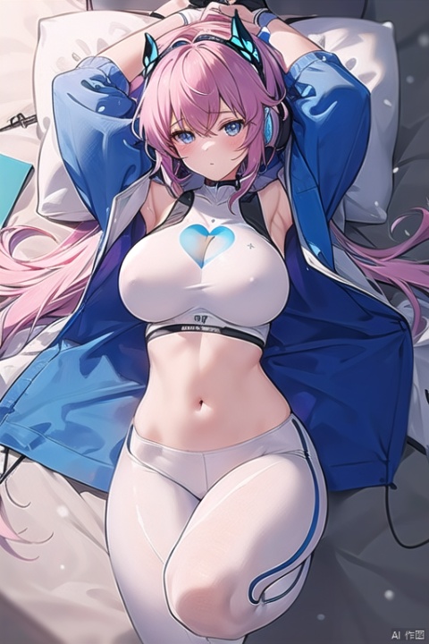  1 girl, (light gray tight yoga suit), multi-color hair, pink hair, butterfly headband, white esports earphones, (snow), full body, lying down, navel, fair and transparent skin, viewed from above, represented by heart shape, decorated with blue heart shape, using a large number of heart shapes, using a large number of blue heart shapes as background, using a large number of blue, using a large number of blue flowers, soft light, masterpiece, best quality, 8K, HDR,