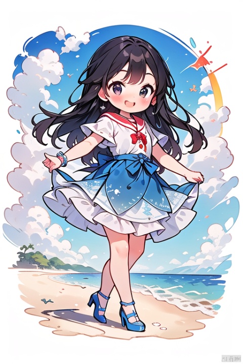 masterpiece),(bestquality),1girl, solo, , long legs,beautiful skirt, high heels, dress,  beach, seaside, blue sky,  rainbow,Smile and look at the camera