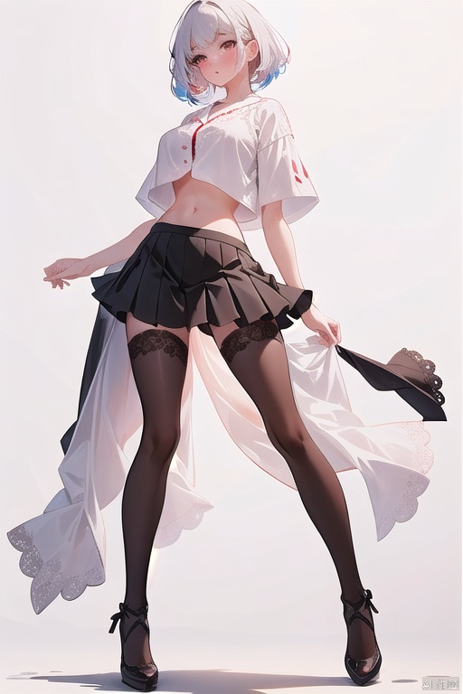 1girl,wsfz-021,white hair,short hair,streaked hair,white blouse,black pleated skirt,cutout above navel,lace,simple background,huge filesize,(full body:1.5),(leg up:1.1),gradient color pantyhose, 