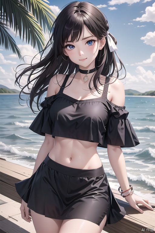 (cowboy_shot), (Good structure), DSLR Quality,Depth of field ,looking_at_viewer,Dynamic pose, , kind smile,, ,Short skirt,Blue sky, white clouds, ocean, nai3, 1girl, solo, crop top, , choker, navel, shirt, midriff, crop top overhang, looking at viewer, white shirt, jewelry, breasts, bare shoulders, off-shoulder shirt, off shoulder, black choker, thighs, stomach, long hair, bracelet, short sleeves, ribbon, hand up, collarbone, hair ribbon, medium breasts, , bra strap, , hair ornament, thigh gap, necklace, expressionless,
