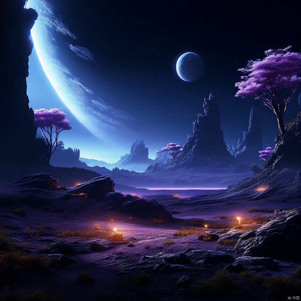 A distant, dark planet unfolds as a canvas of rugged terrain, where rocks and organic soil converge. Glowing, ethereal trees, their luminescent bark aglow, pierce the shadows like beacons of life. Framed by a sharp focus, the UHD masterpiece beckons viewers to explore its intricate details, trending on Artstation for its unparalleled realism.