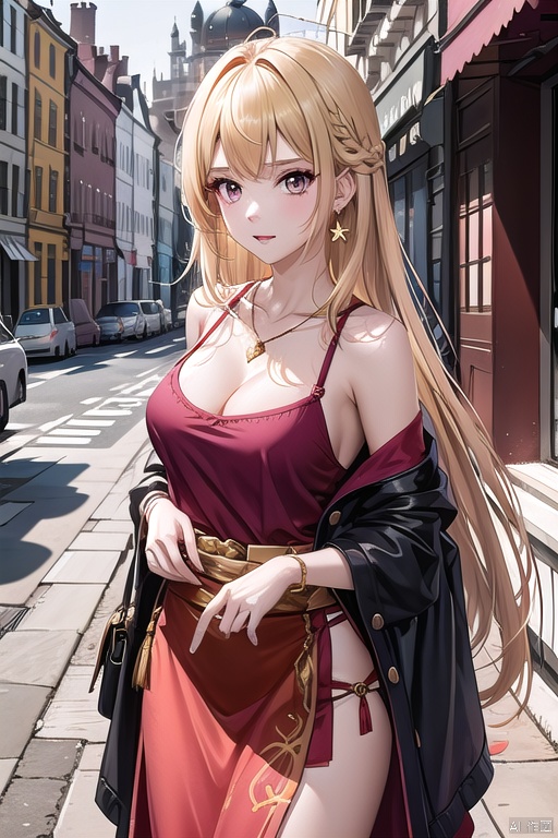 1girl,Bangs, off shoulder, colorful_hair, ((colorful hair)),golden dress, yellow eyes, chest, necklace, pink dress, earrings, floating hair, jewelry, sleeveless, very long hair,Looking at the observer, parted lips, pierced,energy,electricity,magic,tifa,sssr,blonde hair,jujingyi, wangyushan, dofas, forehead mark
