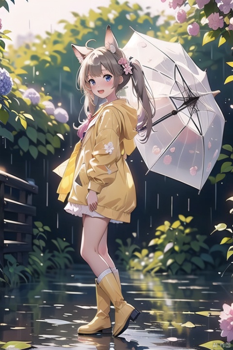 1girl,rainbow,raincoat,yellow raincoat,rubber boots,hydrangea,flower,long hair,twintails,boots,blush,umbrella,open mouth,hair ornament,white background,hood,solo,teruterubouzu,very long hair,hood up,long sleeves,low twintails,bow,bangs,smile,animal hood,blue eyes,rabbit,closed umbrella,puddle,full body,:d,snail,yellow footwear,simple background,pink flower,standing,leaf umbrella,holding umbrella,food-themed hair ornament,hair bow,animal ears,holding,blonde hair,hair flower,rain,animal,clpstyle,cuteloli