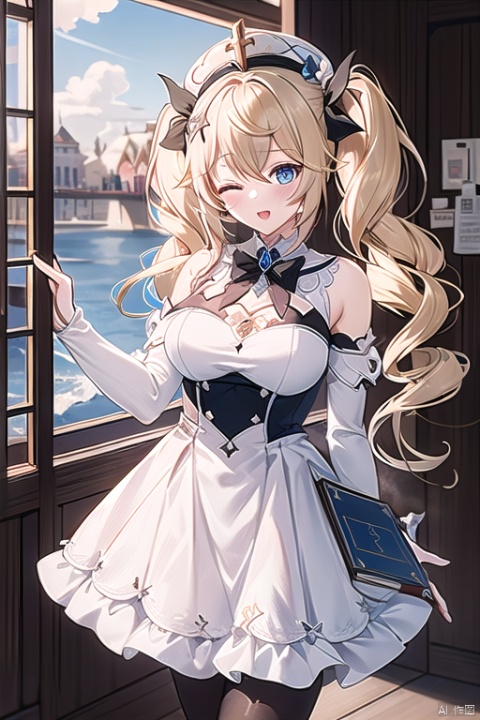 1girl, barbara \(genshin impact\), dress, solo, one eye closed, blue eyes, smile, twintails, water, pantyhose, white dress, white pantyhose, open mouth, ;d, looking at viewer, drill hair, book, blonde hair, vision \(genshin impact\), detached sleeves, blush, twin drills, bare shoulders, breasts, hat, long hair, long sleeves, index finger raised, detached collar, white headwear, cross, heart, bangs, cowboy shot, bow, hair ornament, latin cross, building, strapless dress