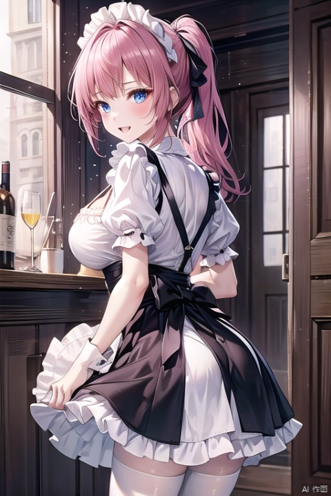  1girl, solo, looking at viewer, blue eyes, long hair, pink hair, blunt bangs, ahoge, hair ribbon, ponytail, white ribbon, big breasts, blush, smile, open mouth, teeth, cleavage, dress, low-cut dress, ribbon, puffy sleeves, apron, black dress, frills, puffy short sleeves, maid, waist apron, white apron, white pantyhose, white panties, white lace underwear, panties under pantyhose, standing, looking back, doors, bar, Medieval European style taverns, night, blurry background, depth of field, from behind, dutch angle, bestquality, ultra detailed
, Anime