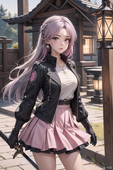 best quality, masterpiece, 1girl, solo, irene \(arknights\), gloves, scar across eye, black gloves, long hair, lantern, holding, scar, weapon, grey hair, sword, scar on face, grey eyes, parted lips, looking at viewer, holding lantern, head wings, long sleeves, jacket, black jacket, earrings, pink hair, jewelry, skirt