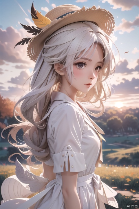 1girl,white_hair,long_hair,white_shirt,brown coat,brown_straw_hat,sunset,field,in_autumn,fallen leaves,feathers,Altocumulus,landscape,from_side,looking_up,(hair in takes:1.1), Anime