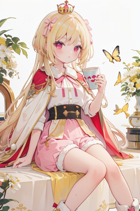 A girl with blonde hair and red eyes, wearing a white shirt with a pink cape and brown shorts, sitting and holding a cup of fruit. He has a pink bow in his hair and a mini crown on his head, with a visible butterfly and flower adorning his outfit. The boy is wearing ankle boots with ankle ribbons and a fur-trimmed cape, exuding an air of regal elegance. The scene is set against a yellow background, and there is a focus on the intricate details of the collar shirt, waist bow, and the fruit he's holding, creating a sense of whimsy and charm.
