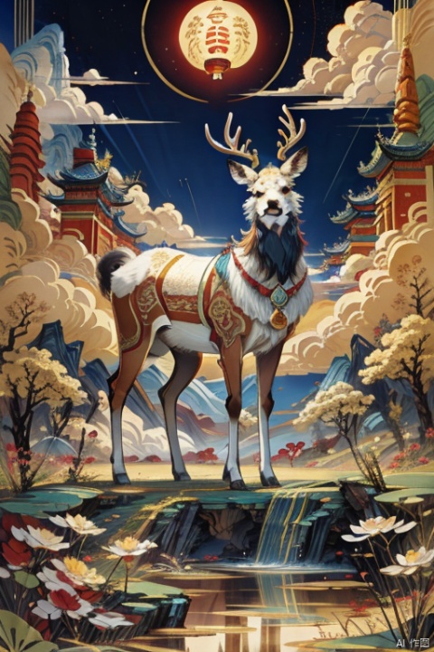 Dunhuang art style illustration,a magnificent nine-colored deer surrounded by auspicious clouds , Standing in the lotus pond ,extremely delicate brushstrokes, soft and smooth, China red and indigo, golden background