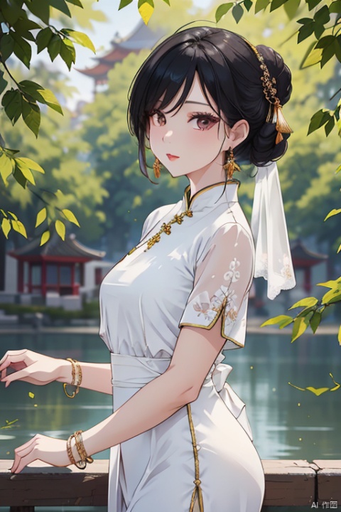 A stunning Chinese woman stands confidently outdoors, surrounded by lush greenery and the subtle blur of a tree in the background. She wears a elegant white dress with short sleeves, adorned with intricate jewelry, including dangling earrings and a statement bracelet. Her raven-black hair is styled in a sleek bun, framing her striking features. Her bright red lips are painted into a subtle pout as she gazes directly at the viewer. The warm sunlight casts a gentle glow on her porcelain complexion, highlighting her delicate features. In the distance, the majestic architecture of ancient China's structures subtly complements her regal presence.