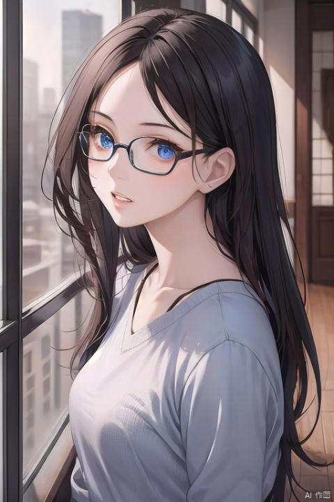 1girl, solo, long hair, blue eyes, brown hair, parted lips, glasses, teeth, lips, portrait, hologram