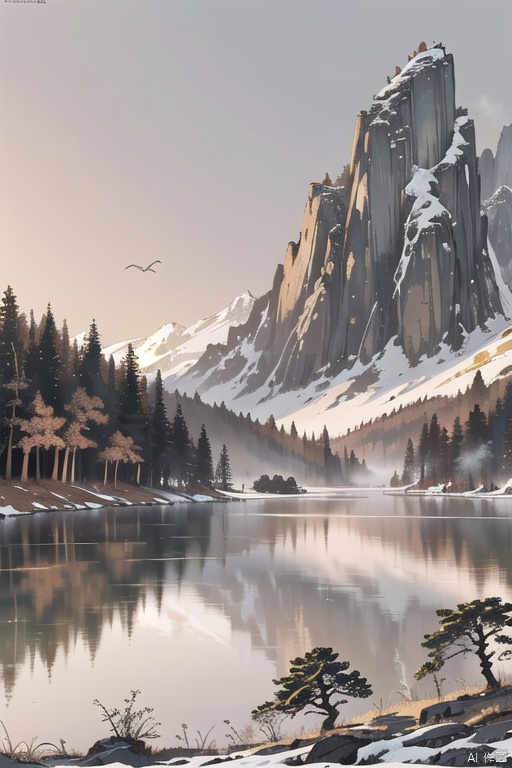 (ultra detailed, High quality ,best quality, High precision, Fine luster, UHD, 16k), (official art, masterpiece, illustration), A landscape painting with a lake, pine trees and a sunset, thick fog, with clear new pop illustrations, (large area of white space, one-third composition: 1.3), minimalist world, beige gray, Chinese Jiangnan scenery, digital printing, lake and mountain scenery, sunset and solitary crane flying together, 