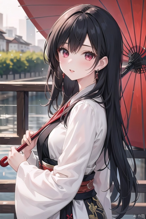 1girl, solo, long hair, looking at viewer, black hair, red eyes, long sleeves, holding, jewelry, upper body, earrings, outdoors, parted lips, japanese clothes, from side, makeup, umbrella, lipstick, holding umbrella, red lips, oil-paper umbrella, red umbrella
