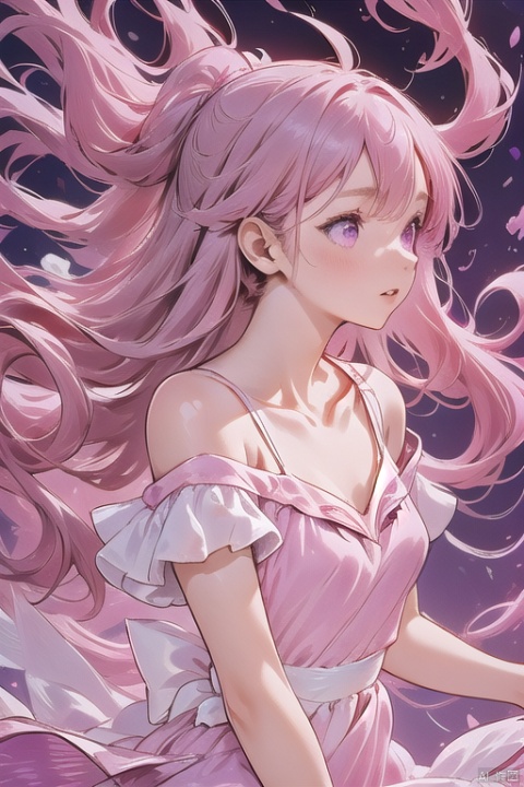 1girl, solo, long hair, dress, bare shoulders, purple eyes, collarbone, upper body, pink hair, parted lips, off shoulder, white dress, floating hair, looking away, wind