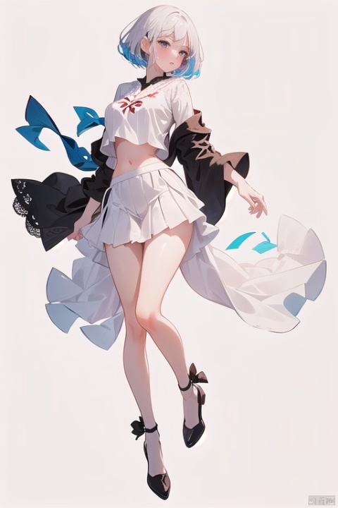 1girl,wsfz-021,white hair,short hair,streaked hair,white blouse,black pleated skirt,cutout above navel,lace,simple background,huge filesize,(full body:1.5),(leg up:1.1),gradient color pantyhose, 