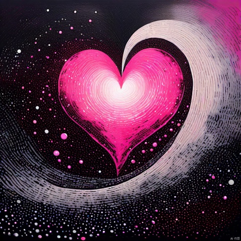 In 'Masterpiece' artwork, a swirling vortex of black, gray, and pink hues surrounds a vibrant heart-shaped focal point, pulsing with energy. Delicate spirals and curves dance across the composition, as tiny dots scattered throughout add texture to the abstract landscape. A gradient transition from dark to light creates a striking contrast, drawing attention to the dynamic heart at its center. The artwork's intricate details and high dynamic range evoke a sense of passion and intensity, inviting the viewer into its mesmerizing world.