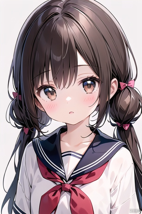 1girl, solo, long hair, looking at viewer, blush, bangs, simple background, brown hair, shirt, bow, twintails, brown eyes, school uniform, upper body, sidelocks, parted lips, serafuku, bowtie, sailor collar, blue bow, white sailor collar,,