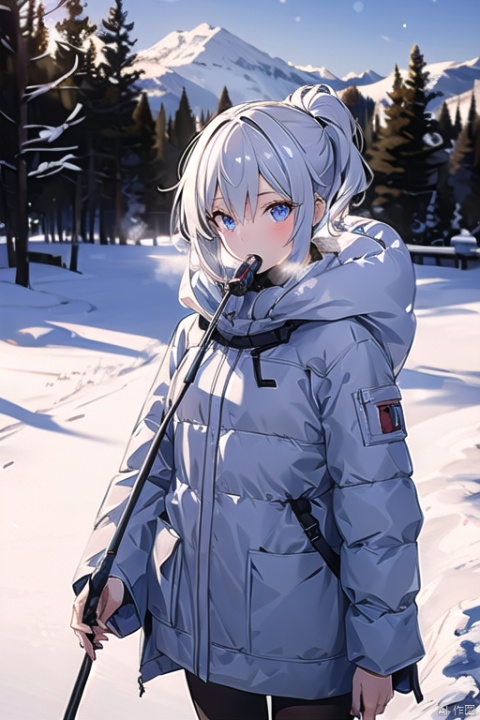  1girls, wearing a white ski suit, delicate face, natural expression, holding ski poles in one hand, exhaling in her mouth with the other, she looks cold, snow mountain scene, the upper half of the picture is the sky, the girl looks at the lens, full body photo, photo real, Kodak photography, film quality, 8K, solo, focus, depth of field, masterpiece, highest quality