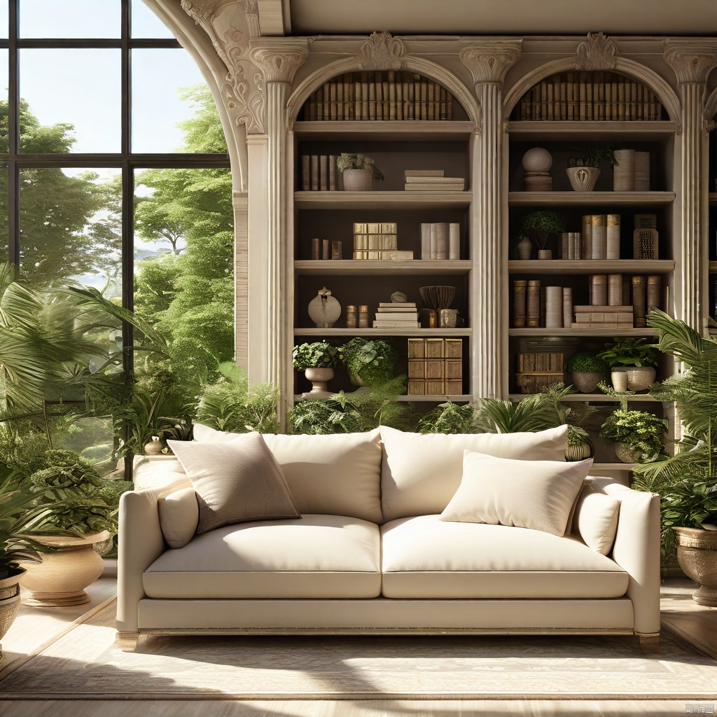 A majestic cream-colored sofa dominates the serene space, surrounded by lush greenery in stylish planters. The room's focal point is a stunning bookshelf, its shelves meticulously curated with a mix of leather-bound tomes and decorative trinkets. Soft sunlight filters through the floor-to-ceiling windows, casting a warm glow on the entire setting. Every inch of this Masterpiece 8k.hdr interior design is rendered in ultra-detailed precision, showcasing the best quality craftsmanship.