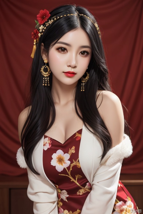 1girl, solo, long hair, black hair, hair accessories, jewelry, closed mouth, upper body, flowers, earrings, blur, side, eyelashes, side, makeup, red background, Chinese costume, red flowers, fringe, branch, red lips, fringe earrings, fruit grain, no hand, very beautiful, masterpiece, best quality, super detail, animation style, key vision, 1 girl
,depth of field