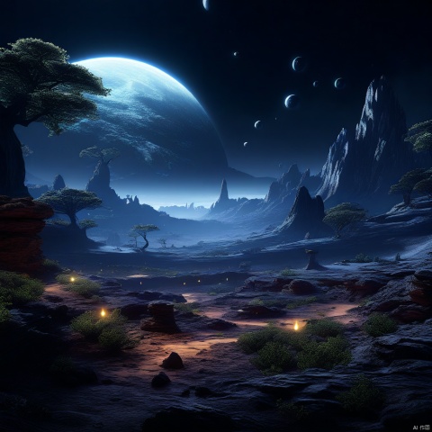 A distant, dark planet unfolds as a canvas of rugged terrain, where rocks and organic soil converge. Glowing, ethereal trees, their luminescent bark aglow, pierce the shadows like beacons of life. Framed by a sharp focus, the UHD masterpiece beckons viewers to explore its intricate details, trending on Artstation for its unparalleled realism.