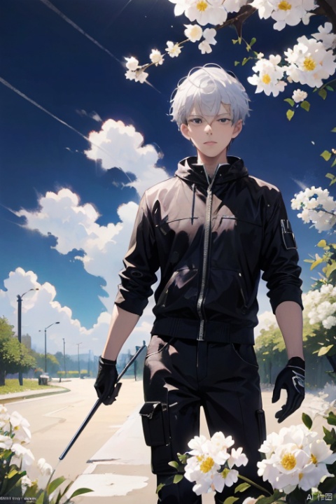  (official art, 8k wallpaper, ultra detailed, High quality, best quality),white flowers ,1boy,