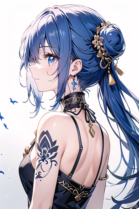 CG,Masterpieces, of the best quality,CG masterpiece,best quality, 1girl, solo, breasts, bangs, blue eyes, shirt, dress, hair between eyes, bare shoulders, jewelry, blue hair, upper body, white hair, sky, sleeveless, hair bun, from side, gradient, gradient background, tattoo, profile, sleeveless dress, looking up, armlet, ice, crystal, arm tattoo, looking afar, mwuxia, Chinese ink painting, meidusha, 