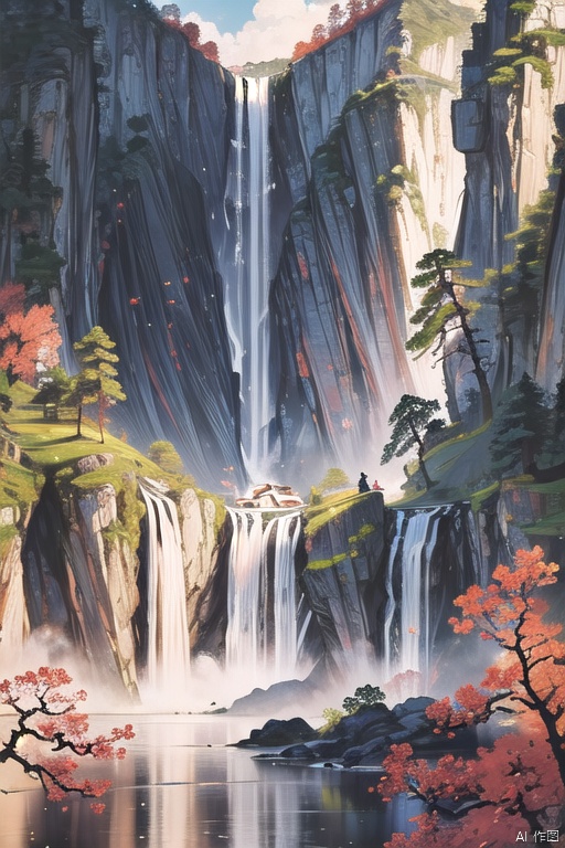 Chinese ancientpaintings,traditional chinese ink painting,sunset,spring,A magnificent waterfall flows down from the high cliff, ((1 man)), stands on a rocky platform at the foot of the mountain, ((look up the waterfall)),birds,dense colorful forests, sky,cloud, Mist, stairs,water,flower,(from bottom),detailed bdoy, telephoto lenses,from bottom, (cinematic compositions), masterpieces, best quality, high-resolution, delicate details, realistic shadows, diffuse reflections,