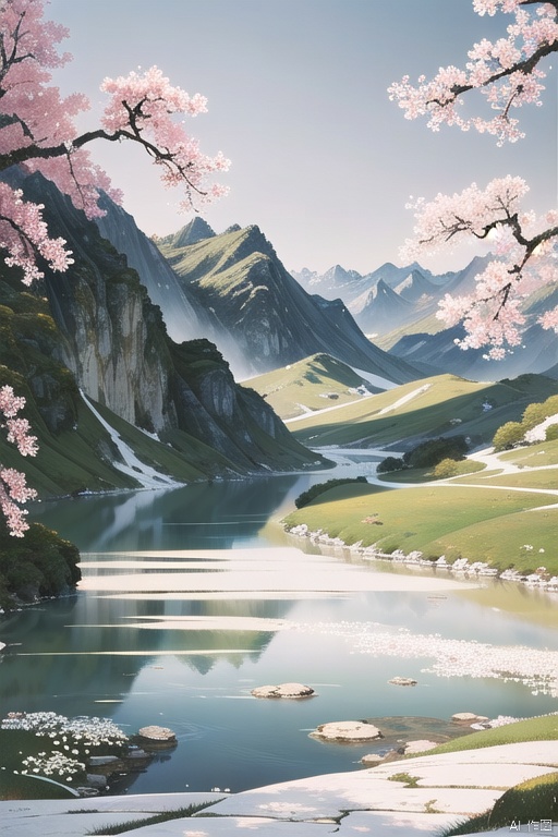There is a white stage in the middle,masterpiece,surreal,realistic,wallpaper,Ultra HD,32K,natural scenery,white flowers,pink flowers,grass,water,lake,stones,flowers of various colors,clean background,mountains,coral of various colors,pink little bubbles,cnss, traditional chinese ink painting