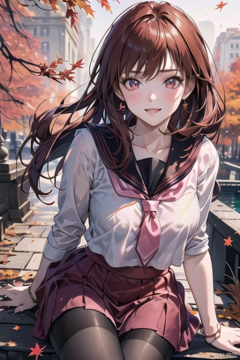 1girl, Autumn, fallen leaves, orange and red tone color,, pretty face, (photo realistic: 1.3) , Edge lighting, (high-detail skin) , 8K ultra-hd, DSLR, high quality, high resolution,(photo realistic: 1.3) ,kind smile, ,sailor senshi uniform,pink bow,pink necktie,pink sailor collar,pinkskirt,black pantyhose,