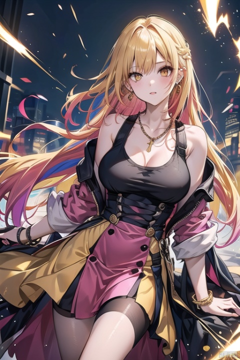 1girl,Bangs, off shoulder, colorful_hair, ((colorful hair)),golden dress, yellow eyes, chest, necklace, pink dress, earrings, floating hair, jewelry, sleeveless, very long hair,Looking at the observer, parted lips, pierced,energy,electricity,magic,tifa,sssr,blonde hair,
