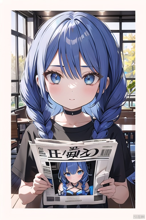 High quality, multi detail, 1 girl, all blue hair, blue hair, pink hair, braids, double braids, blue braids, blue braids, long hair, pompadu hair, bangs, big bangs, silly hair, big silly hair, fluffy hair, T-shirt, upper body, exquisite face, clear eyes, sapphire eyes, newspaper wall, clear newspaper content, 8k, HD