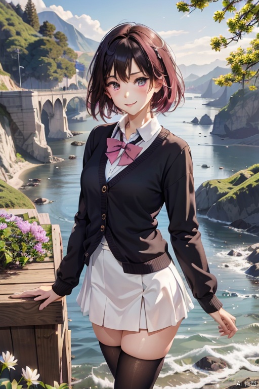 1girl,looking at viewer,solo,pink hair,bangs,short hair,butterfly hair ornament,black ribbon,purple eyes,school uniform,cardigan,black cardigan,shirt,green skirt,thighhighs,zettai ryouiki,,Nino_CYQL,(evil smile,lying,portrait,from_above:1.1),beautiful face,beautiful eyes,glossy skin,shiny skin,Cliffs,Waves,Coastline,Rocks,Sea spray,Seagulls,Dramatic,Power,Water lilies,Japanese bridge,Weeping willows,Lily pond,Impressionist painting,Reflections,beautiful detailed sky,beautiful detailed glow,masterpiece,best quality,beautiful and aesthetic,contrapposto,female focus,fine fabricemphasis,wallpaper,fashion,,
