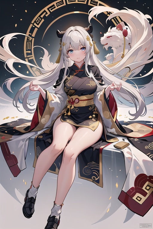 (masterpiece), (best quality),(highly detailed), (ultra-detailed),illustration,(extremely detailed CG unity 8k wallpaper),on_wilderness,1girl,Taoist, chinese_clothes,(((Chinese Traditional costumes))),darkgray_cape, khaki_((cloth))_boots,white_cloth_shoes,long_sleeves,long_cape, floating_hair, (golden Auspicious Clouds patterns on gray Taoist robe),swept_bangs,white_straight_hair,very_long_hair, looking_at_viewer,cool,cold_eyes,detailed_face,detailed_eyes,medium_breasts,floating, floating on Magic Circle,the magic circle with Eight-Diagram tactics,