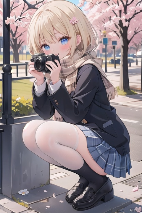 1girl, solo, long hair, looking at viewer, blush, smile, bangs, blue eyes, skirt, blonde hair, shirt, thighhighs, long sleeves, holding, closed mouth, school uniform, jacket, full body, white shirt, pleated skirt, shoes, black thighhighs, scarf, black footwear, zettai ryouiki, plaid, petals, animal, plaid skirt, squatting, blue jacket, cherry blossoms, loafers, brown skirt, rabbit, camera, blue scarf, plaid scarf, holding camera
