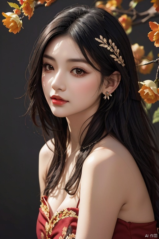 1girl, solo, long hair, black hair, hair accessories, jewelry, closed mouth, upper body, flowers, earrings, blur, side, eyelashes, side, makeup, red background, Chinese costume, red flowers, fringe, branch, red lips, fringe earrings, fruit grain, no hand, very beautiful, masterpiece, best quality, super detail, animation style, key vision, 1 girl
