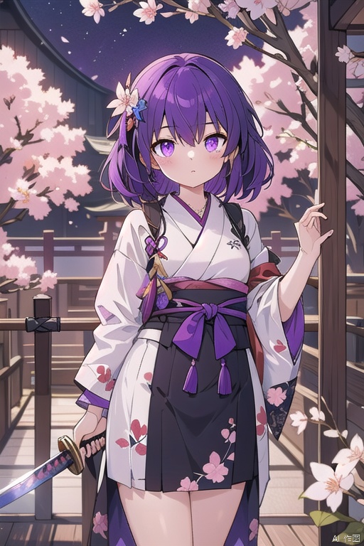 1girl, purple hair, dark purple hair, purple clip on hair, wearing Japanese clothes, Japanese clothes, purple and white Japanese clothes, holding a sword, holding a purple shiny sword, glowing purple sword, Japanese type sword, background charry blossom trees, beautiful pinkish charry blossom trees, dark purple sky, look at the view, lora:more_details:0.5, vibrant colors, masterpiece, sharp focus, best quality, depth of field, cinematic lighting, 