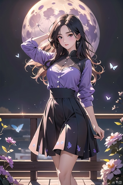 1 girl,full body,purple hair,(brown eyes),(extremely exquisite and beautiful),((purple and blue clothes)),meteor,meteor shower,(super large moon),(blue moon),comet,flower sea,many flowers,flower sea facing the audience,front,solo,butterfly,flying butterfly,There are many butterflies,butterfly hair flower,perspective,half skirt,dreamy light,(8k, RAW photo, best quality, masterpiece:1.2),(realistic, photo fidelity:1.3),Ultra fine,ultra fine cg 8k wallpaper,(crystal textured skin:1.2),