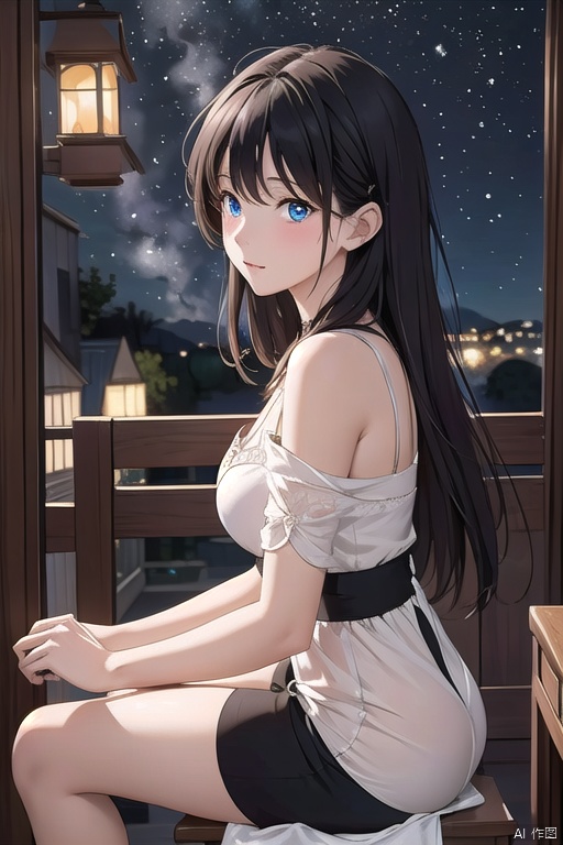 illustration, ((close)),from side,a kawaii girl with long white hair, featuring bangs and captivating blue eyes,sitting,looking at the sky, a path to dreams,(cartoon:1.2),BREAK,beauty,\ (Van Gogh's starry night\:1.2), dreams, health, art, illustrations,Create a dreamlike starry background, warm and beautiful, abstract and realistic, an extremely delicate and beautiful,extremely detailed,8k wallpaper,Amazing,finely detail,best quality,official art,extremely detailed, CG, unity, 8k, wallpaper , Children's Illustration Style, Scribble,
