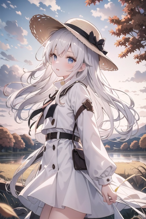 1girl,white_hair,long_hair,white_shirt,brown coat,brown_straw_hat,sunset,field,in_autumn,fallen leaves,feathers,Altocumulus,landscape,from_side,looking_up,(hair in takes:1.1),