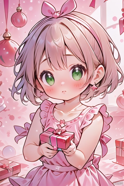 1girl, solo, breasts, blush, short hair, bangs, blonde hair, dress, bow, bare shoulders, jewelry, closed mouth, green eyes, collarbone, hair bow, hairband, small breasts, frills, indoors, necklace, twitter username, star \(symbol\), see-through, wavy hair, pink bow, box, pink dress, christmas, gift, gift box, tatami, christmas tree, pink hairband, tissue box, christmas ornaments, 