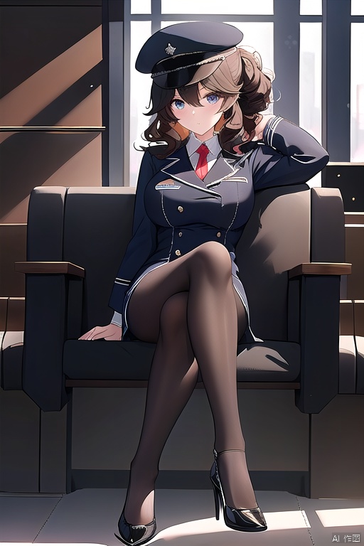 A stewardess poses confidently in a garrison cap and crisp uniform, her curly hair styled into an elegant updo. She sits down on a sleek, modern chair at the terminal's departure gate, her long legs crossed at the ankles, showcasing black pantyhose and high heels. The lighting is soft and even, casting no harsh shadows on her polished features.