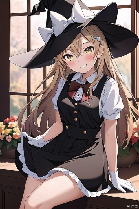 1girl, solo, best quality, looking at viewer, sitting, grin, yellow eyes, hair between eyes, blonde hair, long hair, single braid, hair bow, bangs, breasts, witch hat, hat bow, white socks, black footwear, shoes, white shirt, gloves, black skirt, black dress, waist apron, black vest, puffy short sleeves, frills, broom riding, white bow, black headwear, buttons, gradient
