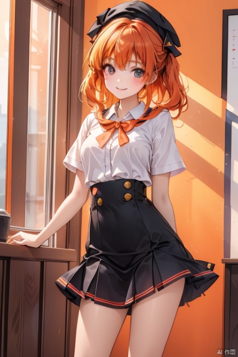 A bright orange background fills the frame as a young girl, dressed in her school uniform, beams with a warm smile. She stands confidently against the vibrant hue, her eyes shining with joy and her hair styled neatly beneath her cap.
