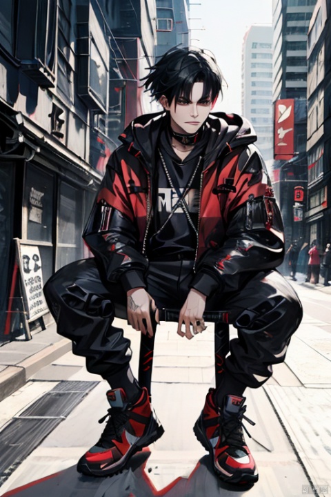 cyberpunk character, 1boy, red and black color scheme, , katana, urban outfit, sneakers, anime style,masterpiece,best quality,very aesthetic,absurdres,