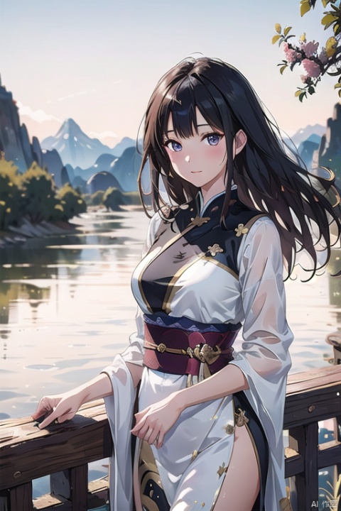 Ash,(Huge scroll floating in the sky) A girl, fantasy concept, glowing text color river particles, scenery, trees, mountains, Zen Chinese festival aesthetics, 1girl