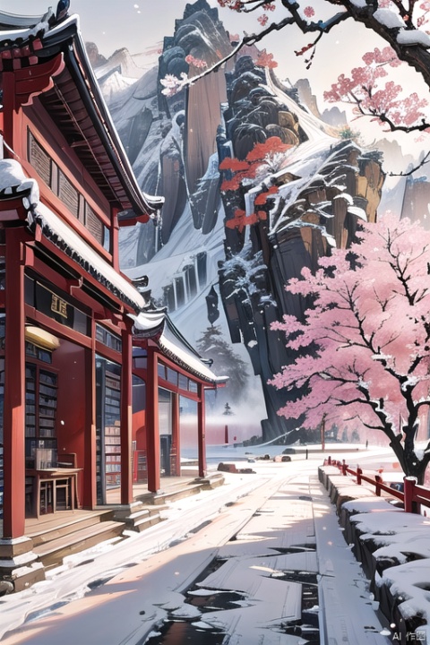 Oil painting,Landscape close-up,Ancient China,gugong,vermilion,wall,plum blossom,winter,snow,realism,depth,negative space,yueliangmen,CNInk,library,cnss