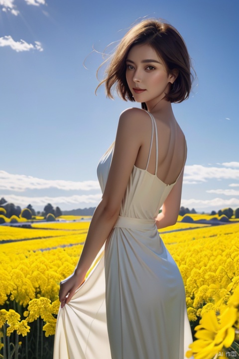 A elegant woman in a dark suit with golden short hair, standing in a field of blooming rapeseed flowers against a backdrop of blue sky and white clouds, gentle breeze blowing, causing her clothes corner and hair to flutter slightly, high quality full HD picture, art painting by famous artist., Light master, 